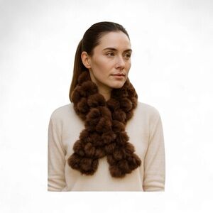NWT Rabbit Fur Braided Pom Pom Chocolate Brown Scarf Vintage Fur